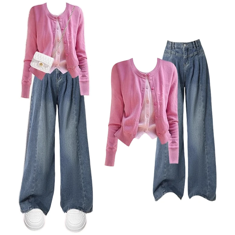大码秋牛仔套装女气质减龄假两件针织衫搭高腰显瘦阔腿裤两件套