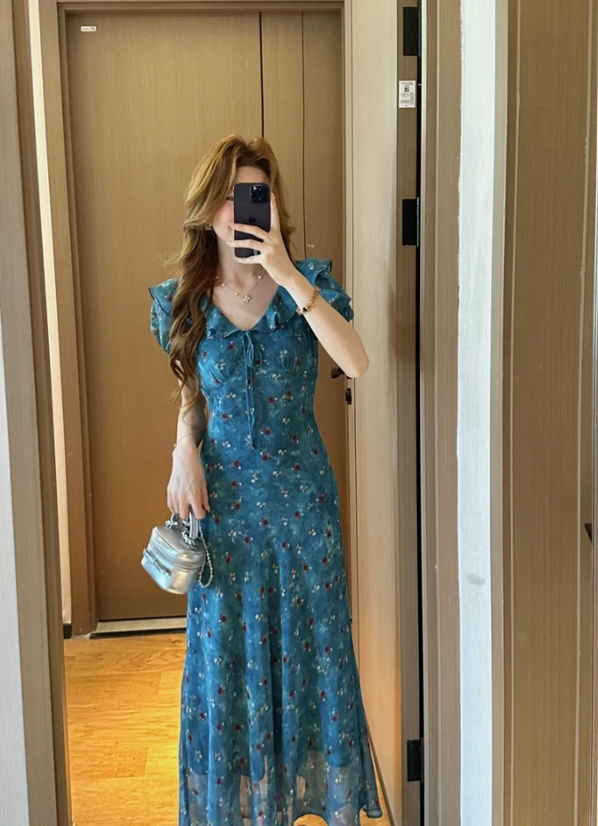 法式碎花夏装显瘦连衣裙2025夏季新款复古印花收腰减龄泡泡袖长