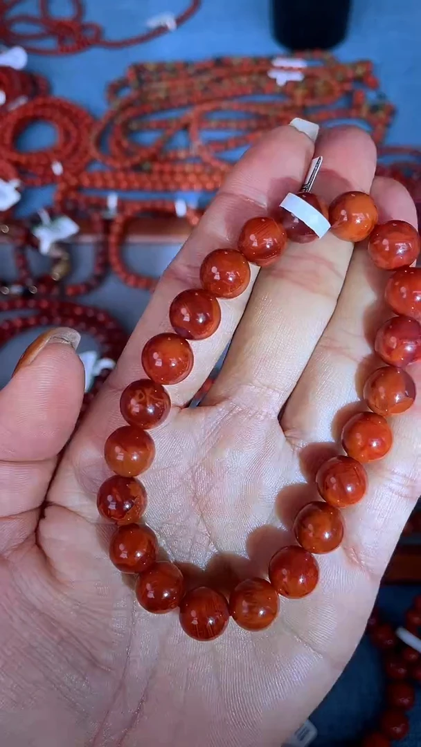 未镶嵌手串南红玛瑙N34瓦西料满肉牛血火焰纹9mm