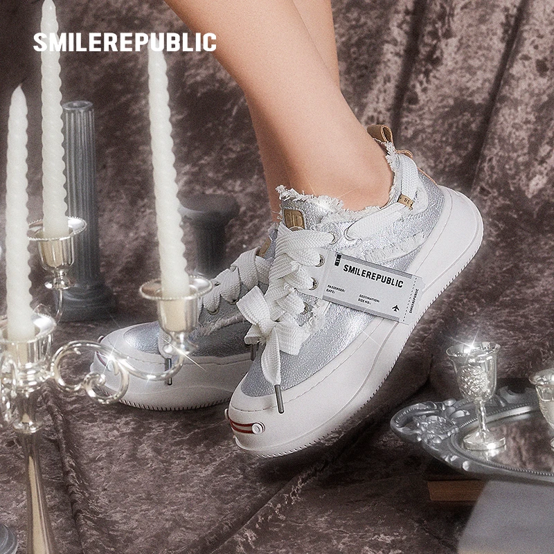 smilerepublic闪光粉/银细纹低帮可替换开口笑厚底鞋休闲时尚
