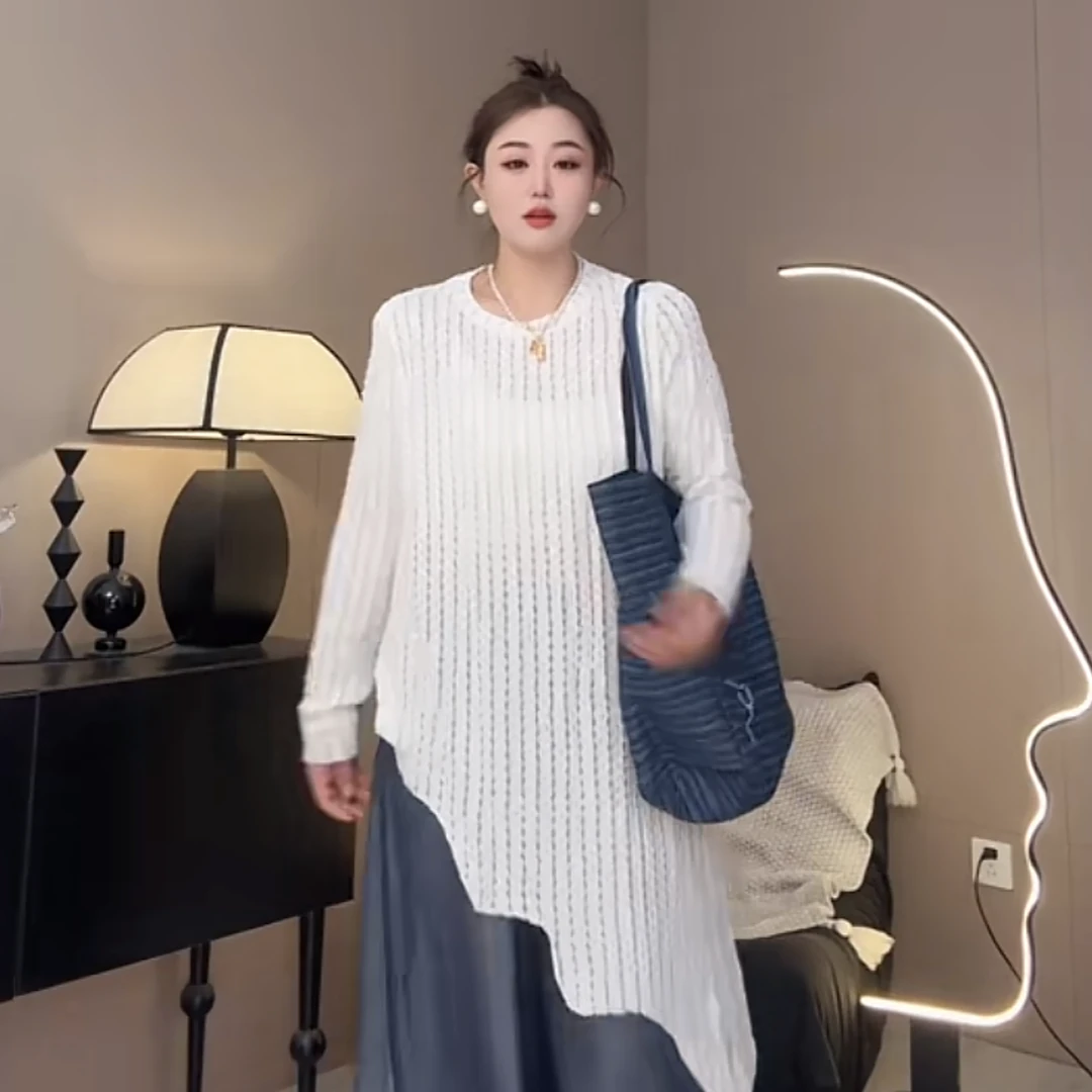 大码女装微胖mm复古日系不规则下摆提花蕾丝连衣裙女宽松蓝裤套装