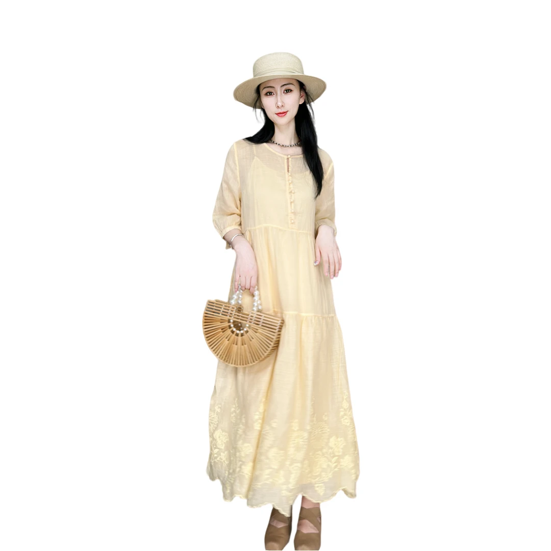 100纯苎麻重工刺绣薄款透气凉爽中袖连衣裙+吊带人棉内衬两件套