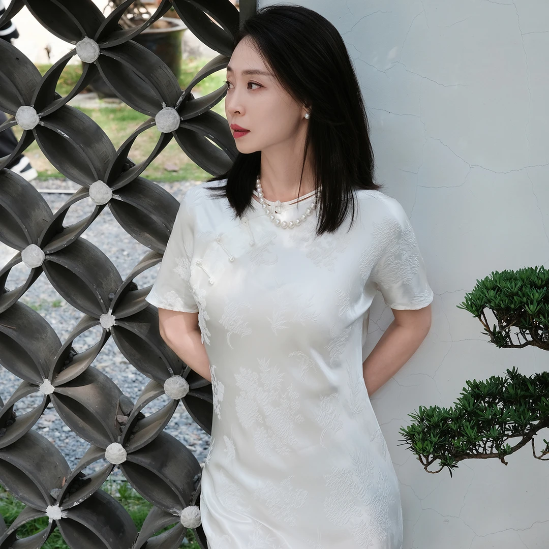 盛唐牡丹 | 梅兰竹菊冠乐绉短袖旗袍裙