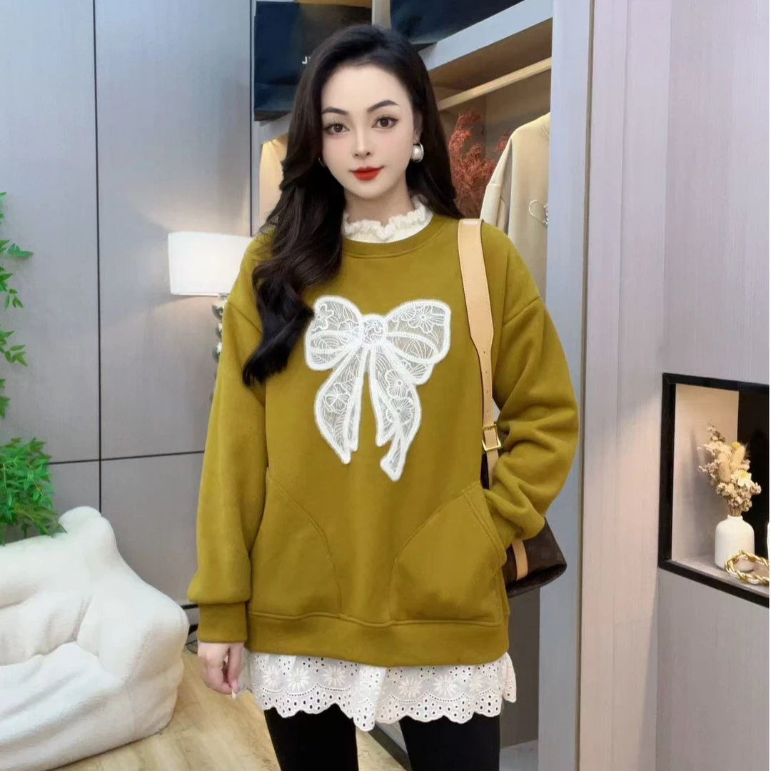 2025秋冬新款蝴蝶结蕾丝领花边下摆洋气减龄宽松卫衣3321