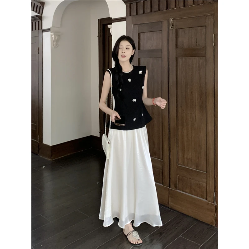 重工亮片钉珠无袖背心女2025高级感复古法式立体花朵收腰修身上衣