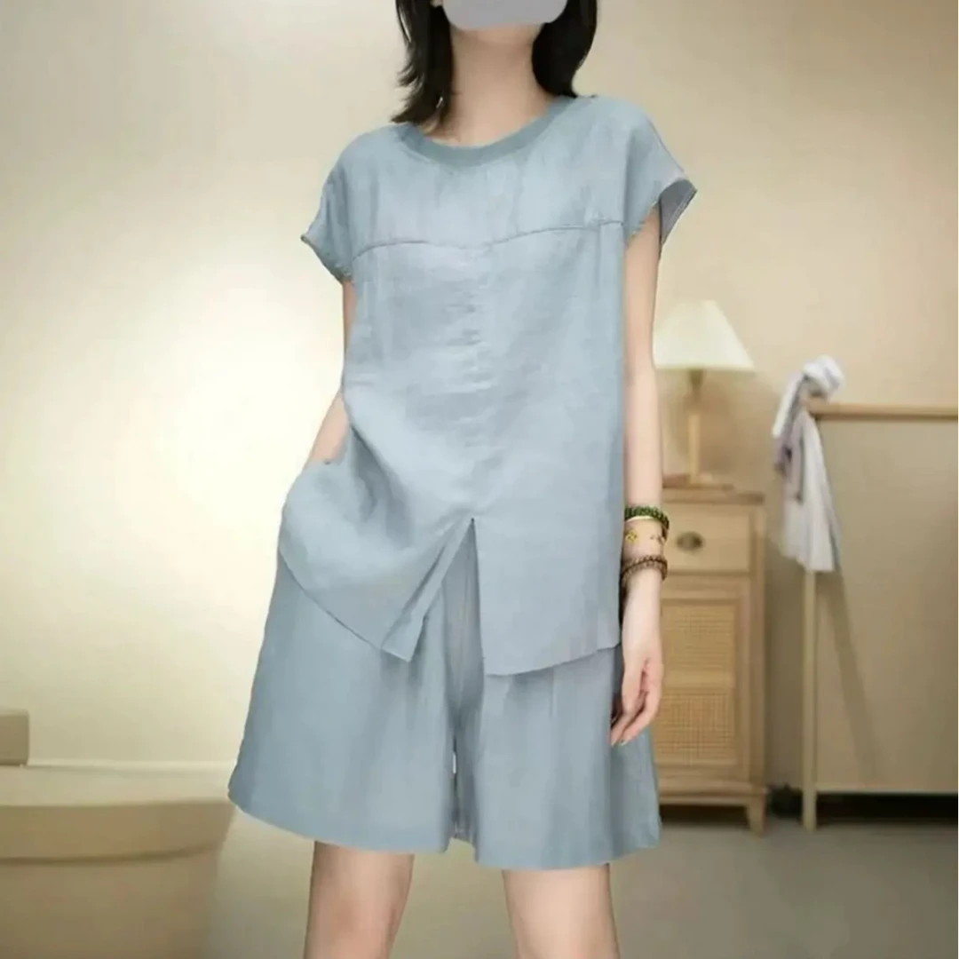 休闲风时尚套装时尚短袖上衣纯色中式宽松休闲网红