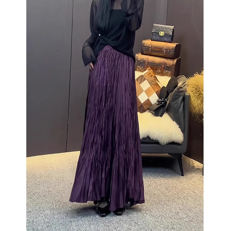 法式复古紫色褶皱半身裙女春夏中长款松紧腰显瘦大裙摆百褶a字裙