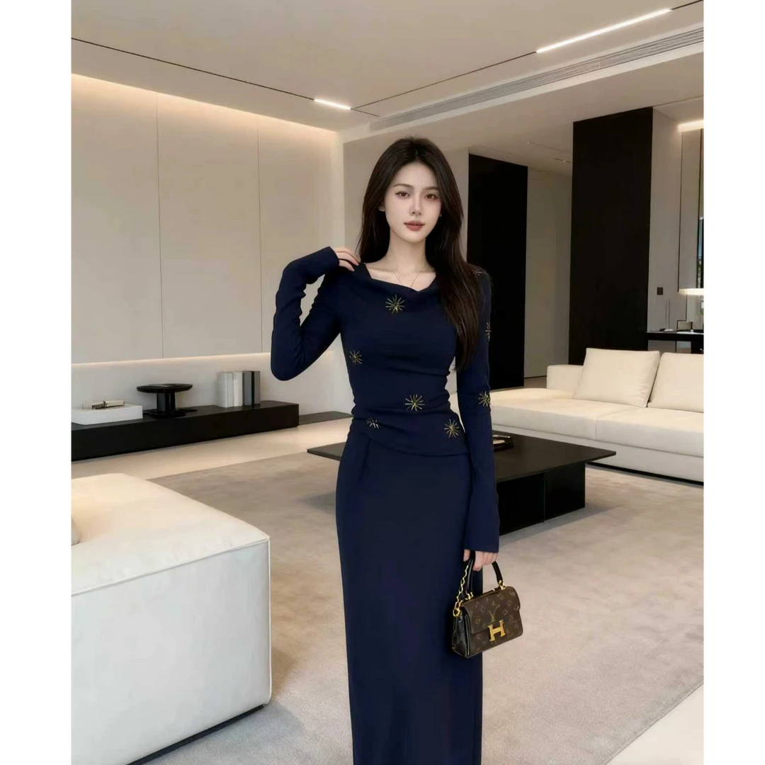 秋季新款荡领设计感长袖时尚轻奢法式修身半裙套装