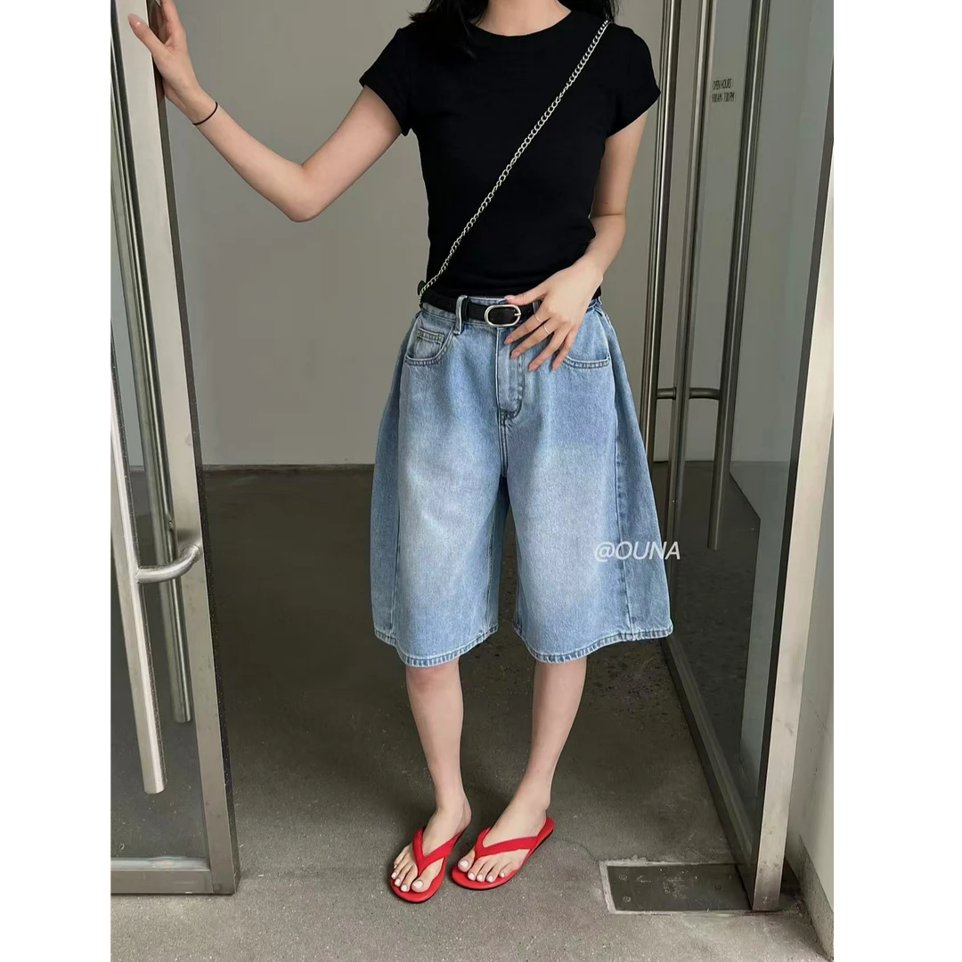 十三行OUNA-夏季福秒收胯神器侧边压褶设计牛仔中裤#5335