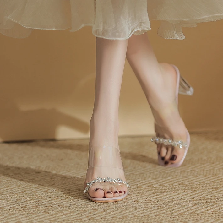 洋气高跟凉拖小个子女士显高水晶软底舒适凉鞋洋气上班一脚蹬女鞋