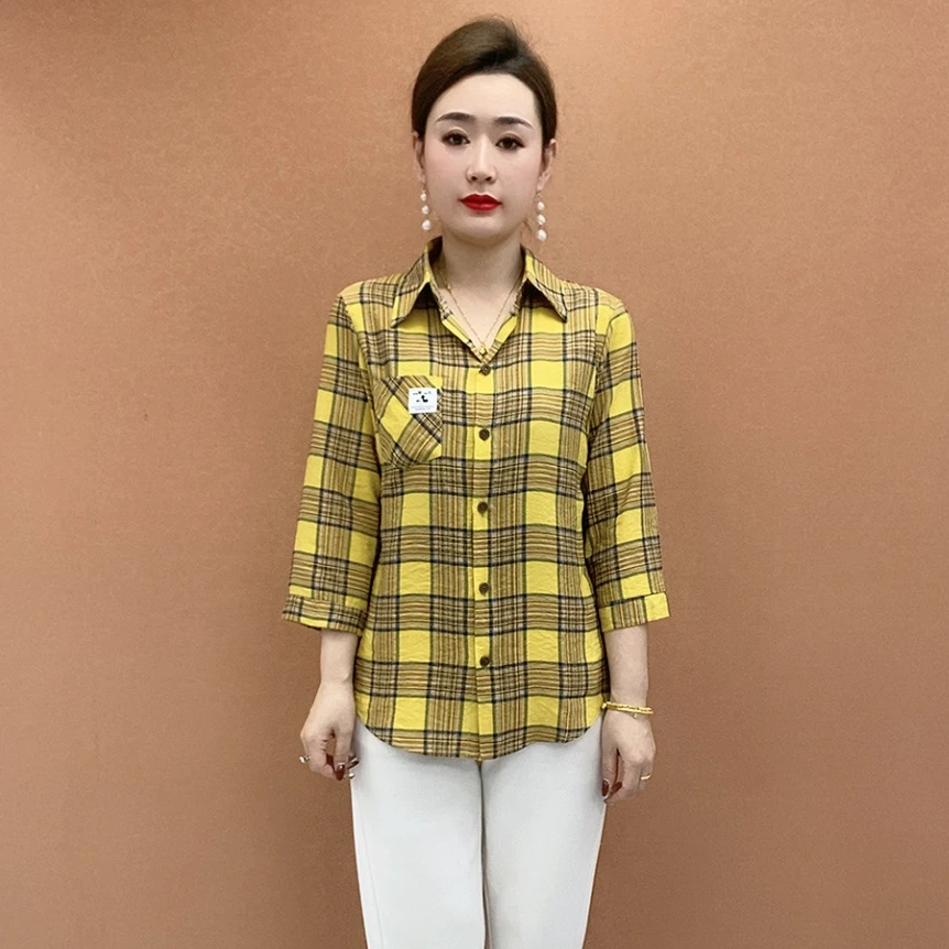 8931春夏季新款女士七分袖格子衬衫宽松大码中年上衣