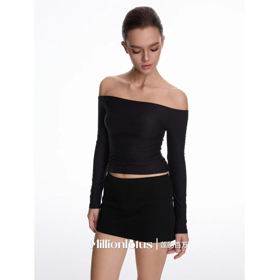 莲的百万 黑色一字肩简约百搭打底衫宽松慵懒卫裤包臀半裙套装