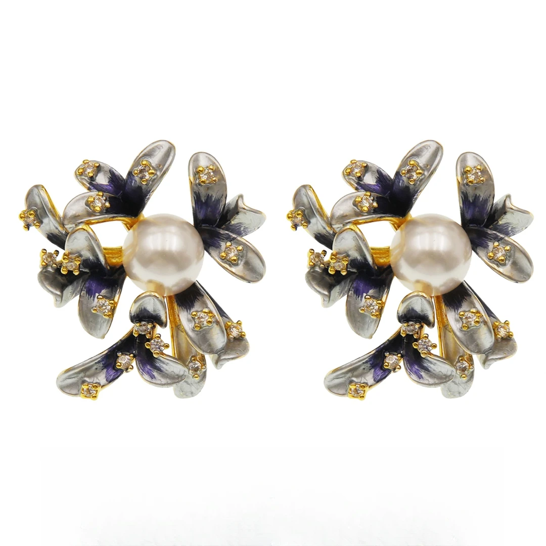 合金珐琅耳饰 22403蓝色花朵耳钉时尚百搭复古设计师优雅时尚气质