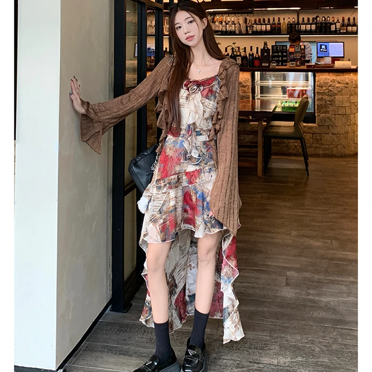 大码女装2025春夏新款复古提花高级油画拖尾裙摆吊带裙套装