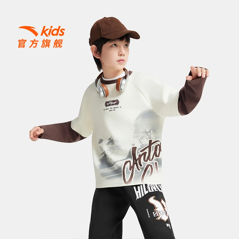 安踏儿童针织长T少年顽家秋季新款舒适亲肤圆领长袖352538401-zb
