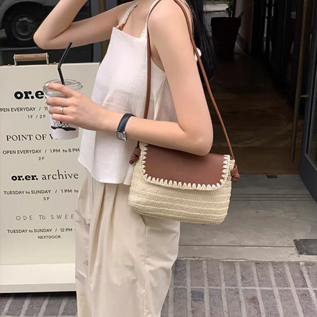 ins新款皮盖草编单肩编织包时尚小包草编包休闲女包 A6365