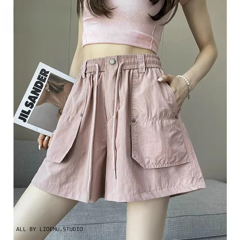 粉色速干工装短裤女夏季薄款外穿2025新款高腰a字显瘦小个子休闲