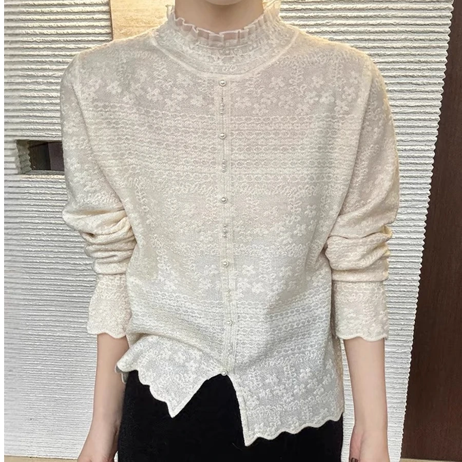 别致减龄半高领开叉纽扣蕾丝花边针织衫春秋百搭长袖内搭打底衫女