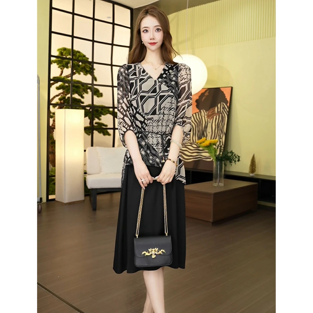 Gowani/乔万尼2025年弹力双乔桑蚕丝连衣裙假两件拼接显瘦ED2E553