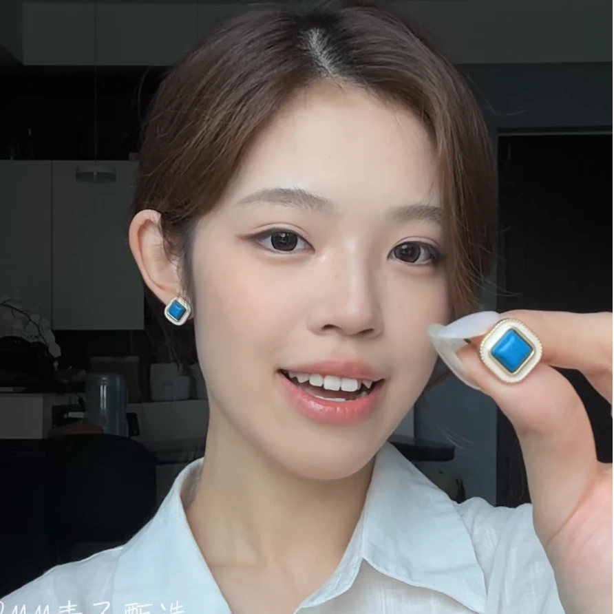纯铜琉璃耳饰 复古宫廷简约方形几何滴油合成通勤耳钉女文艺气质