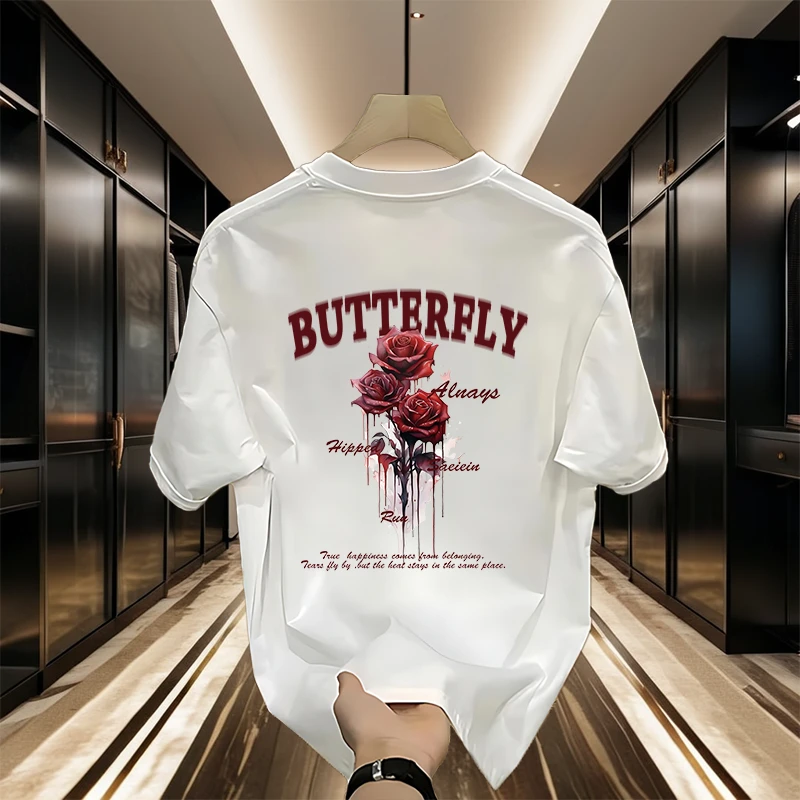 美式痞帅重磅纯棉短袖T恤-玫瑰男女潮牌街头宽松圆领情侣夏季上衣