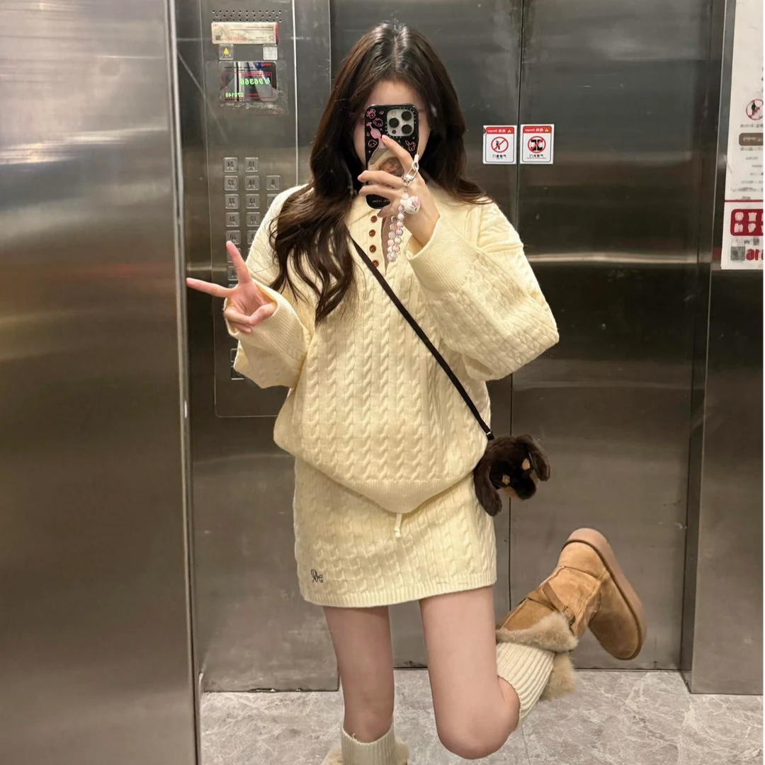 韩系学院风麻花针织套装裙女秋冬宽松慵懒毛衣半身裙子休闲两件套