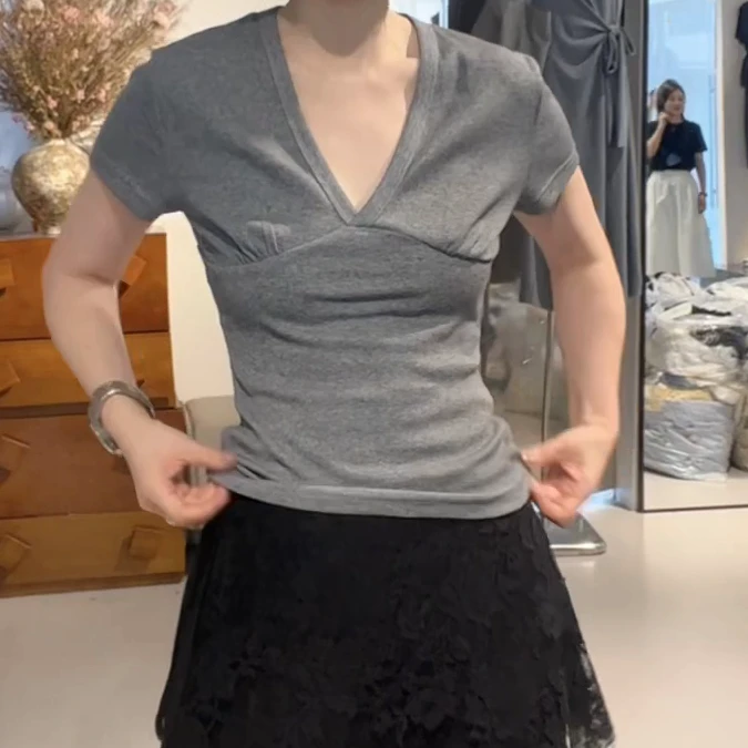 夏季新款V领分割设计感百搭显瘦上衣C5597