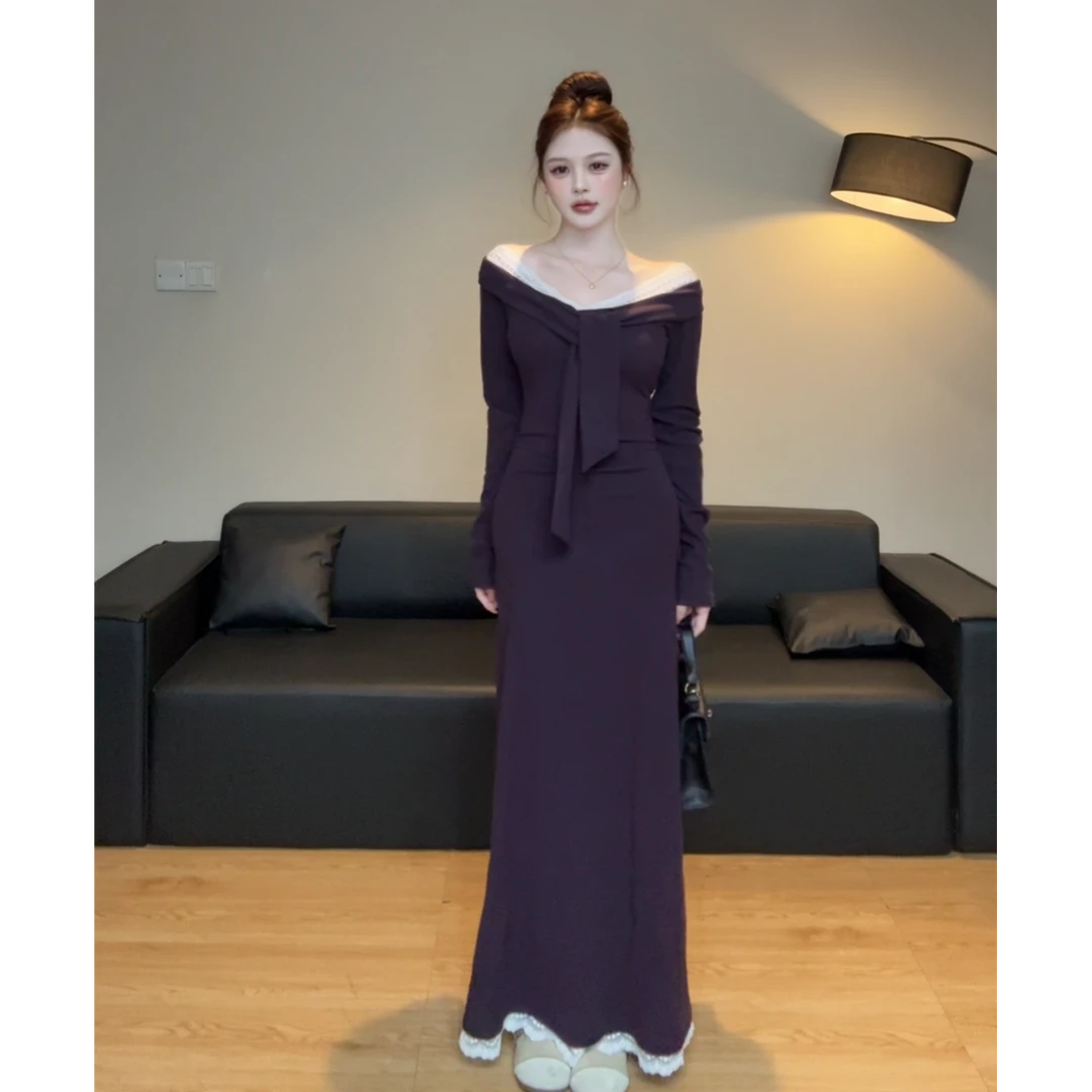 显瘦一字肩名媛风连衣裙法式宴会小黑裙