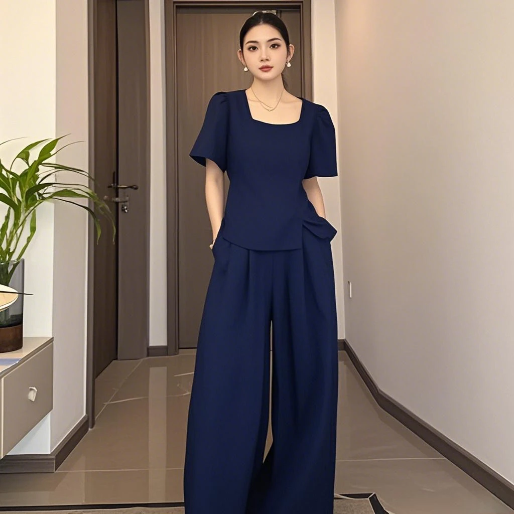 胖mm夏季清凉时髦套装女极简方领西装上衣阔腿裤显瘦大码两件套
