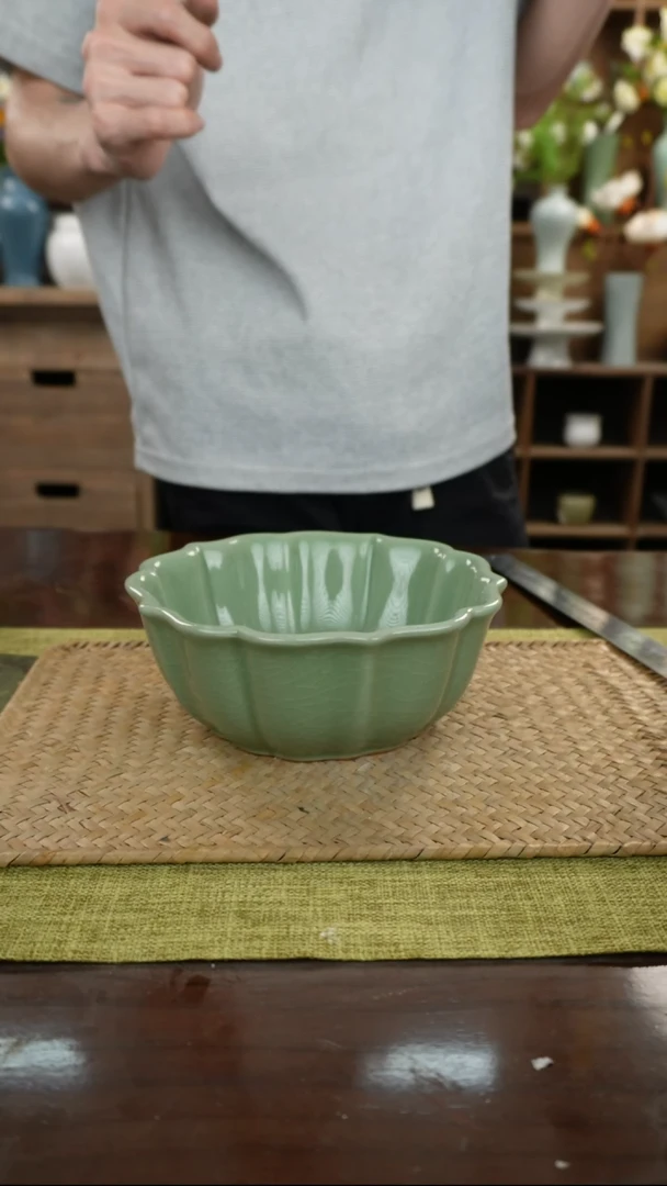 陶瓷一件包邮梅子青花瓣茶洗17cm