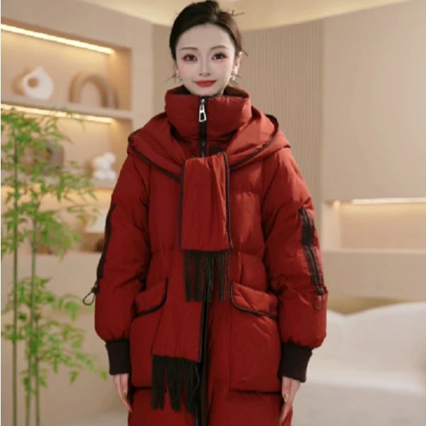 冬季设计感围巾连帽优雅百搭白鸭绒羽绒服M-XL