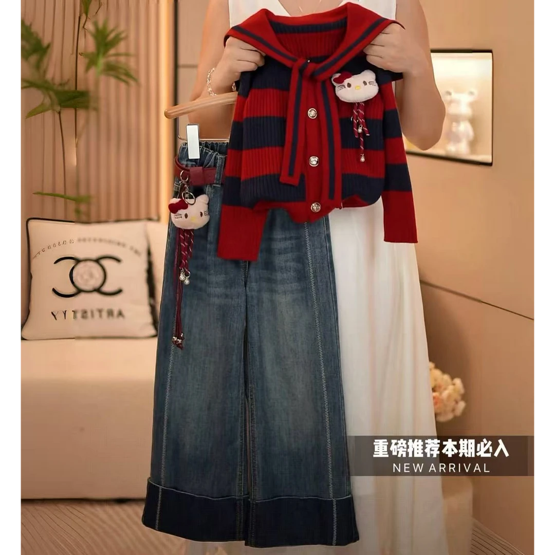女童2025秋季新款毛衣针织衫牛仔裤套装
