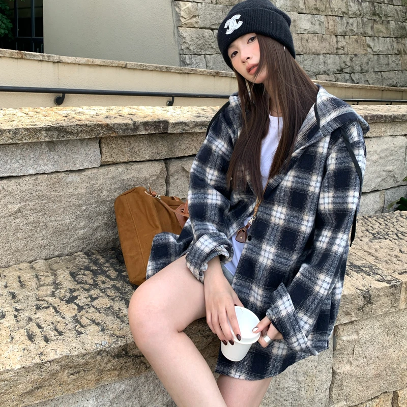 Crimson Twilight韩版设计感休闲连帽格子衬衫毛呢外套慵懒风宽松