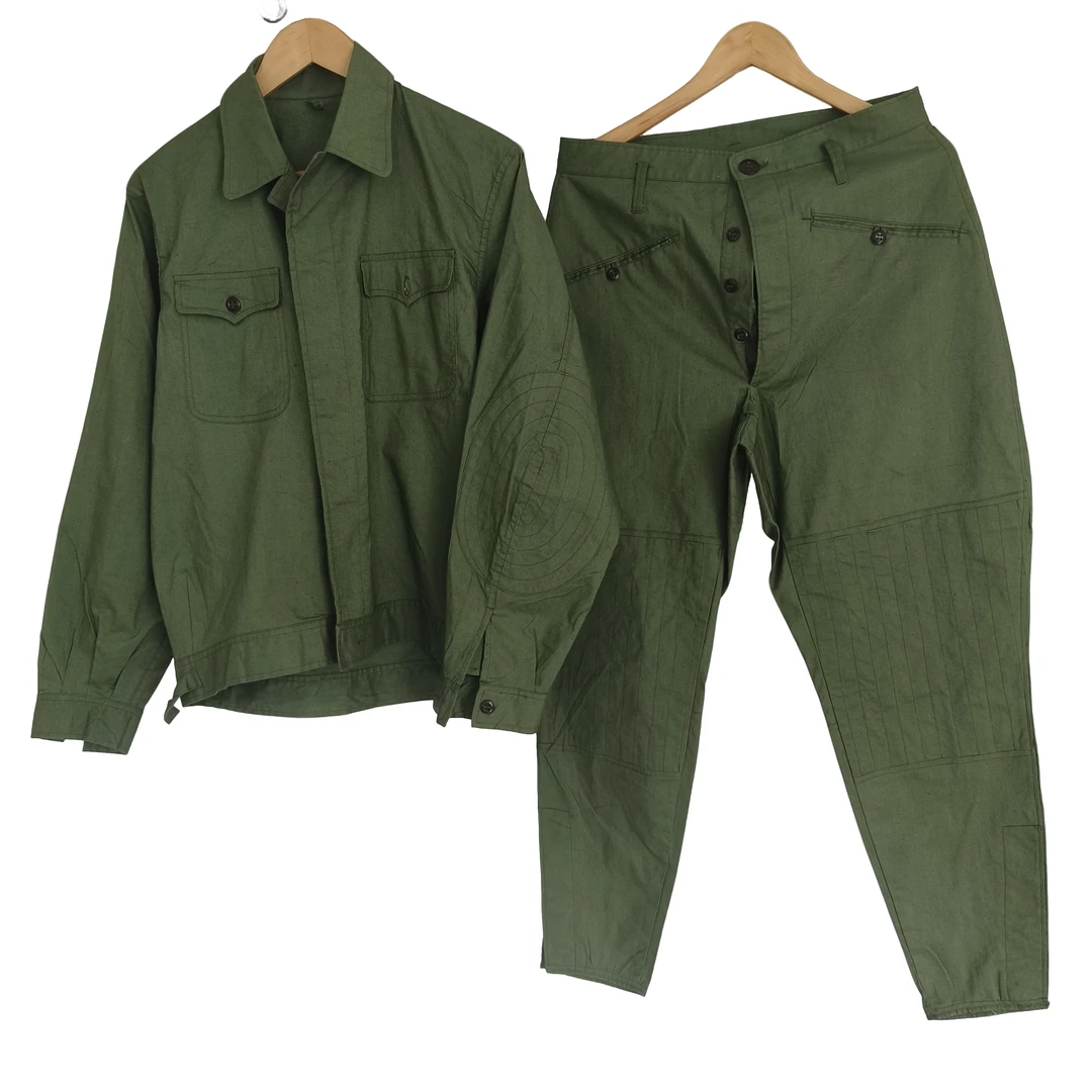 套装夹克马裤夏带补丁工作服小脚裤高腰绿棉质衣裤