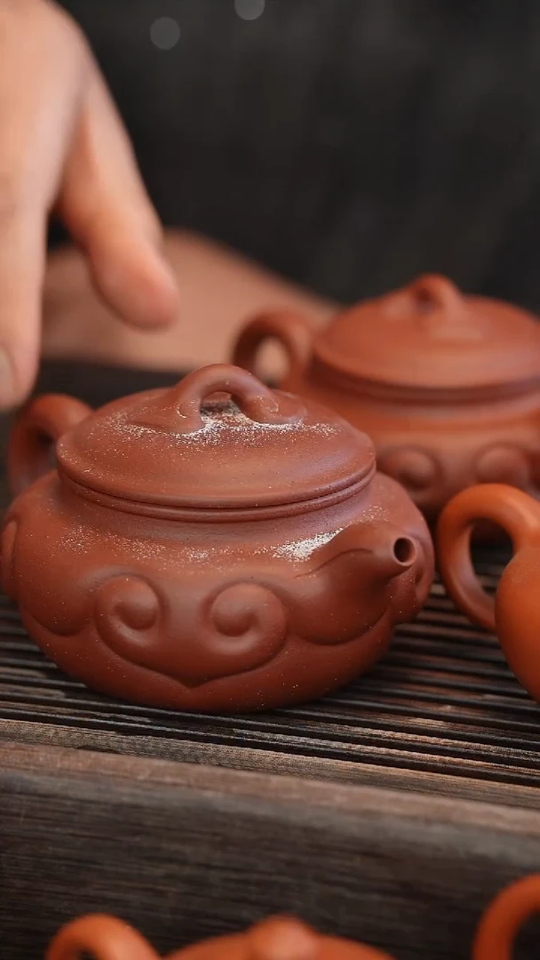 茶壶紫砂如意仿古 北红赤铁 半手工 260cc