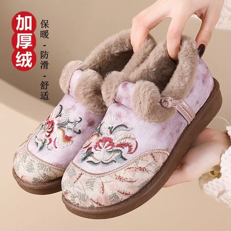 【花开富贵】冬季老北京棉鞋女加绒加厚保暖妈妈中年民族风绣花鞋L