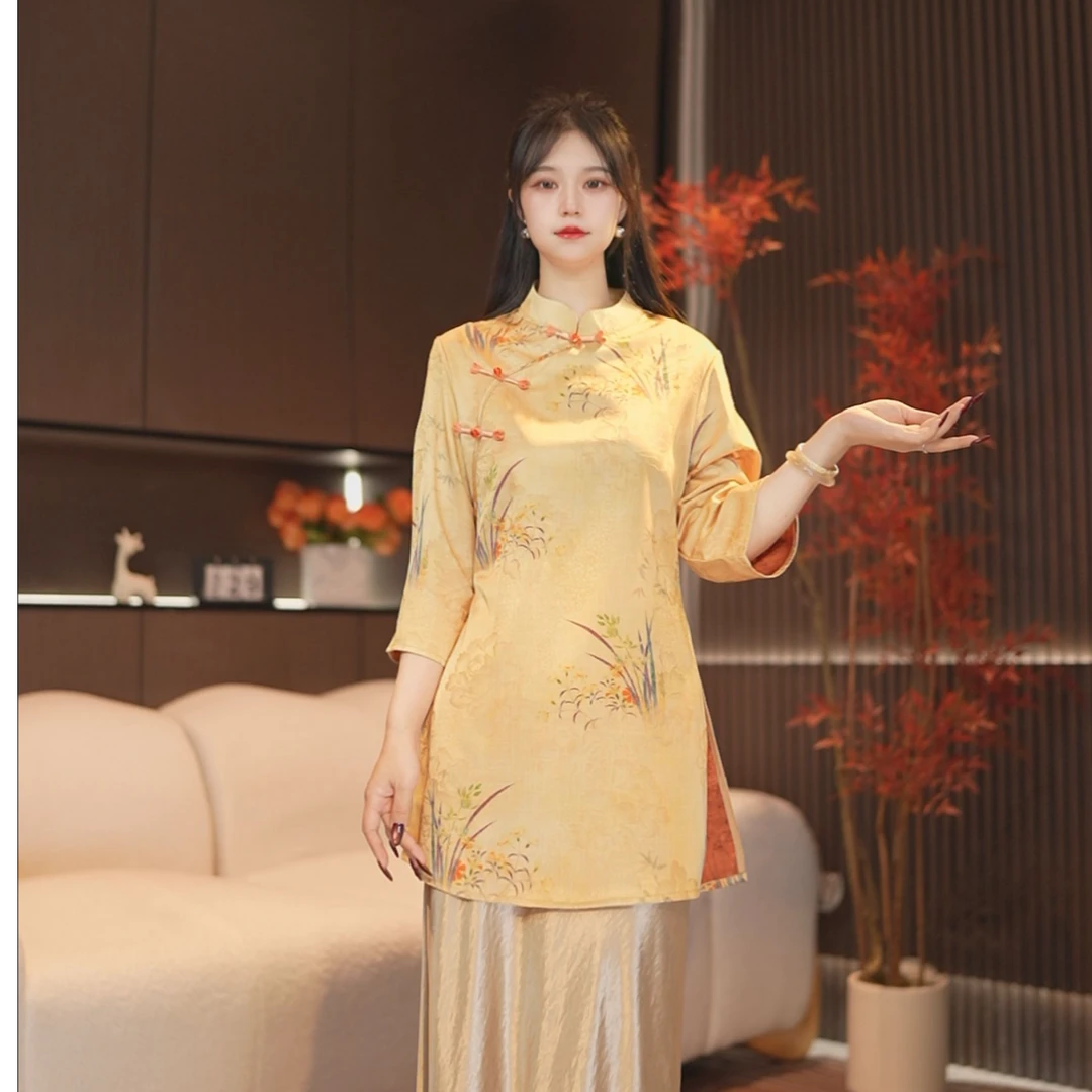 【3121-君子黄】改良新中式国风复古宽松小衫七分袖上衣奥黛-飞