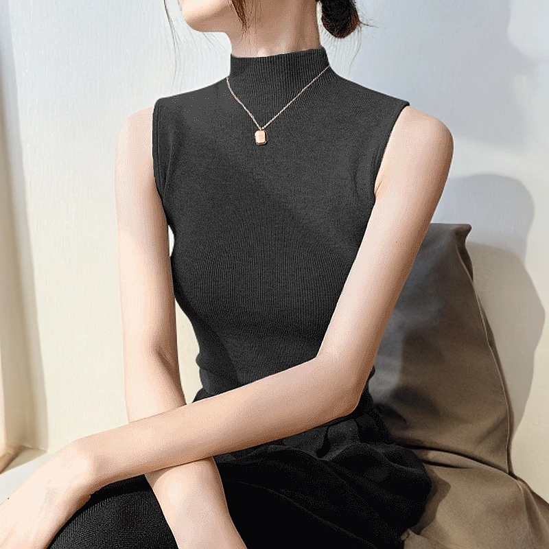 半高领无袖背心针织衫女2025春秋新款洋气百搭修身薄款打底衫上衣