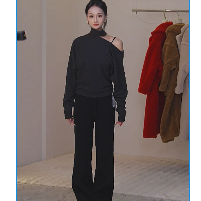 上衣半高领女毛衣针织衫毛针织衫长袖衫一字领时尚