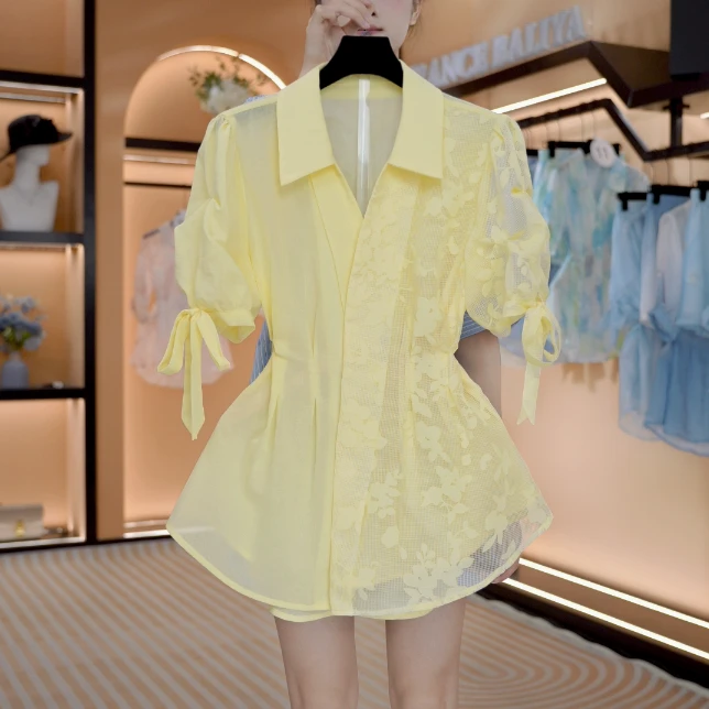 “浅黄绮梦” 法式春夏慵懒感中长款宽松休闲衬衫套装    Y658