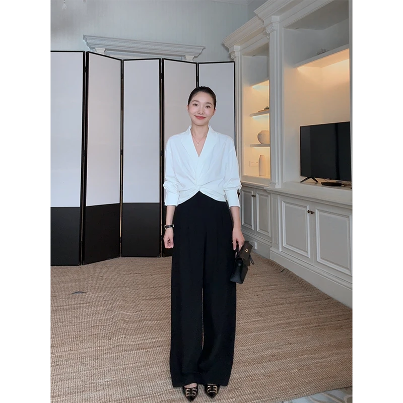 郭九九呢 气质V领扭结设计长袖衬衫高腰显瘦西装直筒裤G924C01247