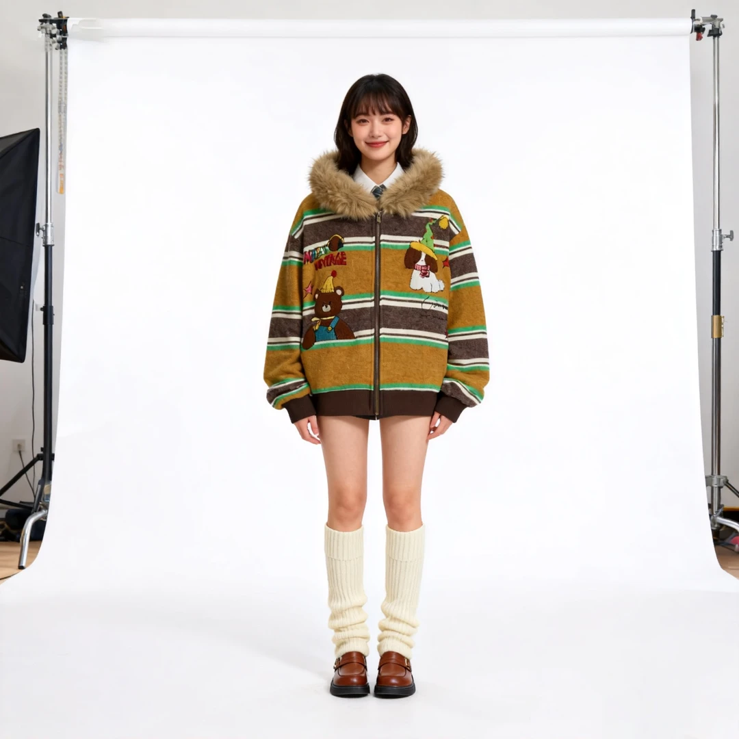 美式复古卡通动漫可爱少女风刺绣条纹拼色兔子耳朵大毛领连帽棉服