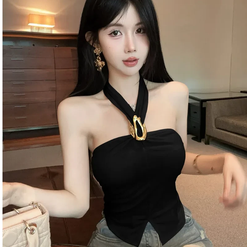 名媛气质金属扣挂脖吊带背心女夏季辣妹露背性感修身开叉抹胸上衣