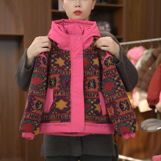 2024冬季新款民族风羔羔毛加毛加厚时尚保暖草草派克棉服