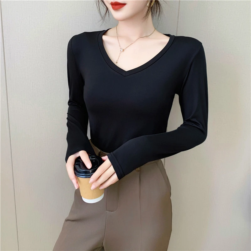 V领双面德绒气质打底衫女长袖2025秋冬加绒加厚保暖内搭洋气上衣