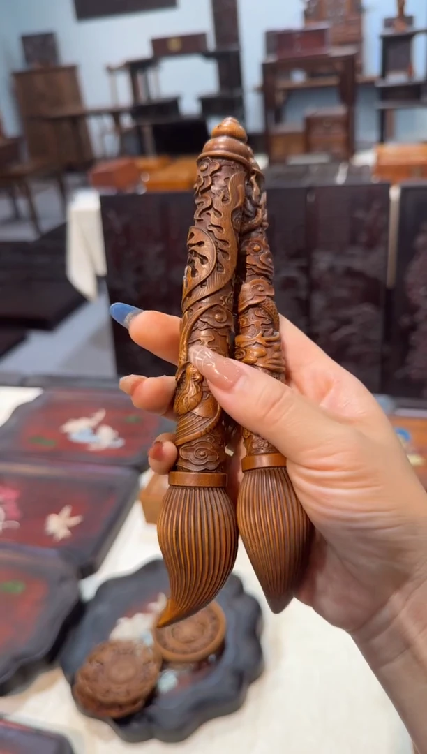 木黄杨 龙凤呈祥毛笔一对