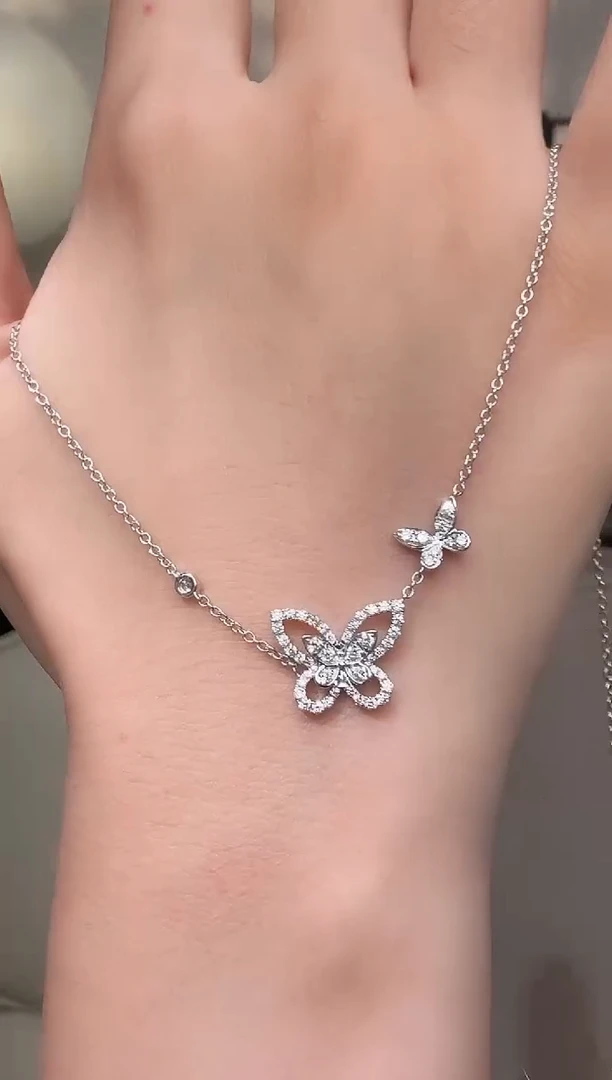 颈饰18K金镶嵌钻石@@天然项链白圆形幻影蝴蝶