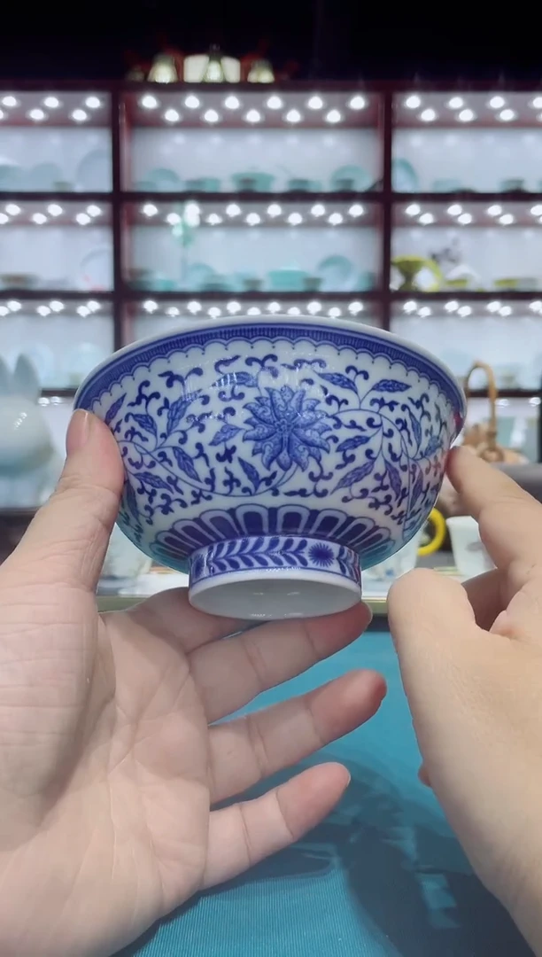 碗高温白瓷青花仿古釉下5英寸缠枝莲米饭碗