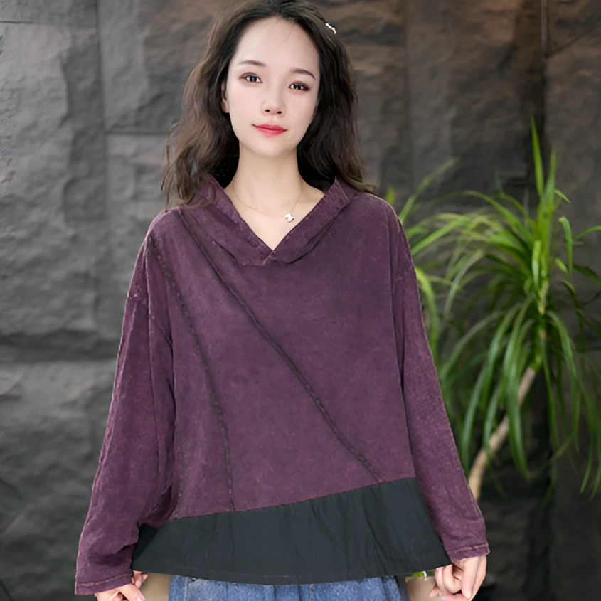 JJ做旧长袖法式常规拼接圆领T恤纯色欧美风lulu风复古文艺套头