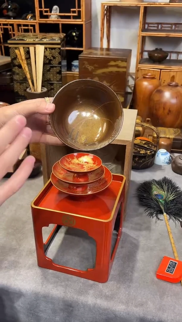 堆漆金梨地杯洗+沈金天目盏台套组